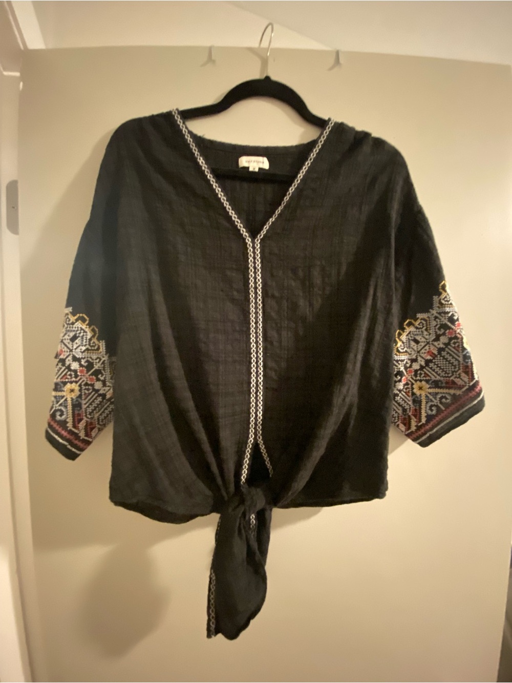 Max Studio Black Tie-Front Embroidered Sleeve Blouse